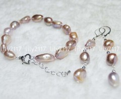 Genuine 9-10MM Purple Baroque Freshwater Cultured Pearl Bracelet Earrings Set