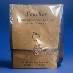 Teacher Apple Dangle Charm Bracelet Black Adjustable Cord Tie Enamel Metal