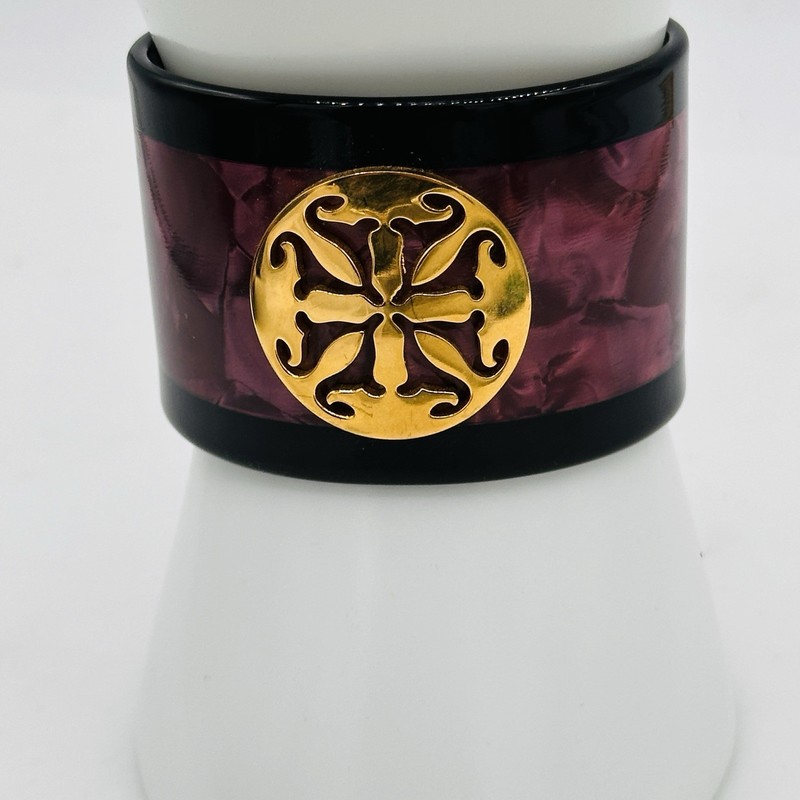Rustic Cuff Wide Lucite Cuff Bracelet Plum Marbled Gold Medallion Statement gallery