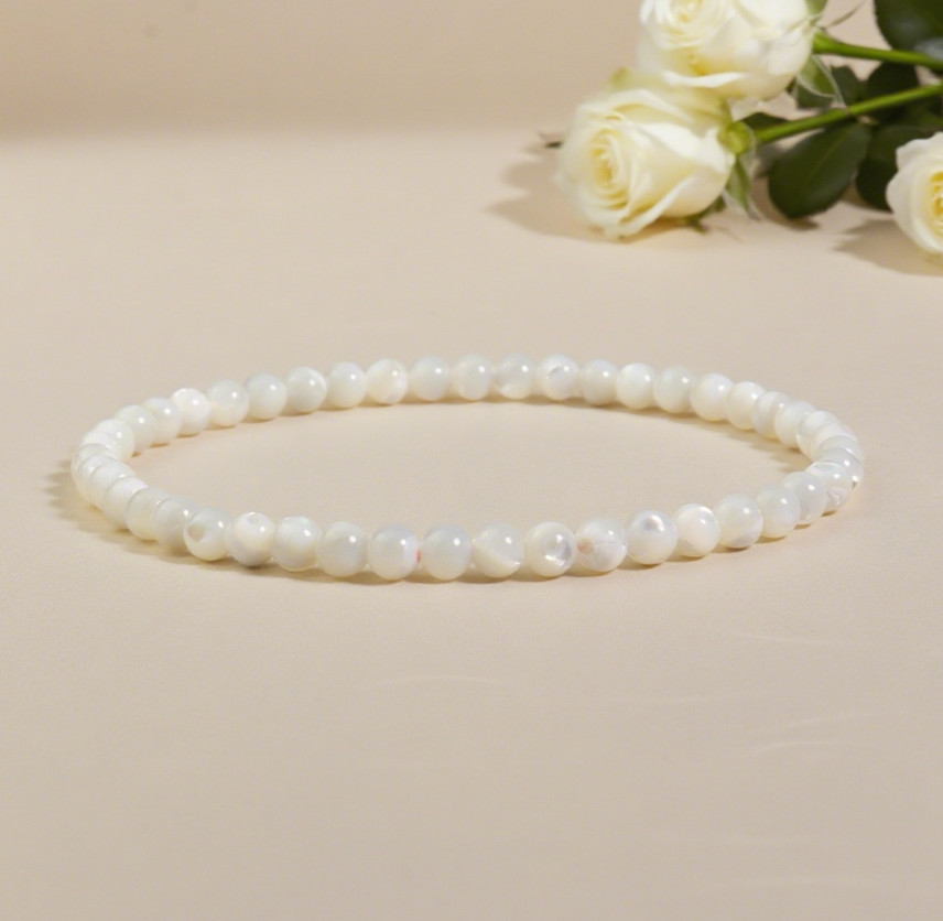 4mm Mother of Pearl Stretch Bracelet - Iridescent Shell Beads, Elegant Bracelet