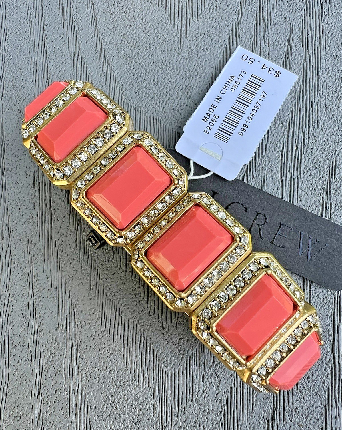 NWT J.Crew Stretch Rectangle Coral Acrylic Clear CrystalBracelet Gold Tone Metal gallery