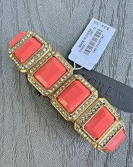 NWT J.Crew Stretch Rectangle Coral Acrylic Clear CrystalBracelet Gold Tone Metal