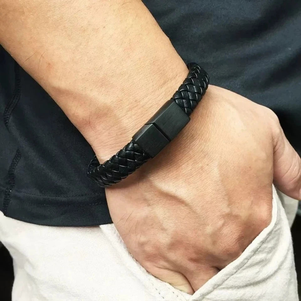 Black Bracelet Men's Braided Leather Bangle Stainless Steel Cuff Wristband USA gallery