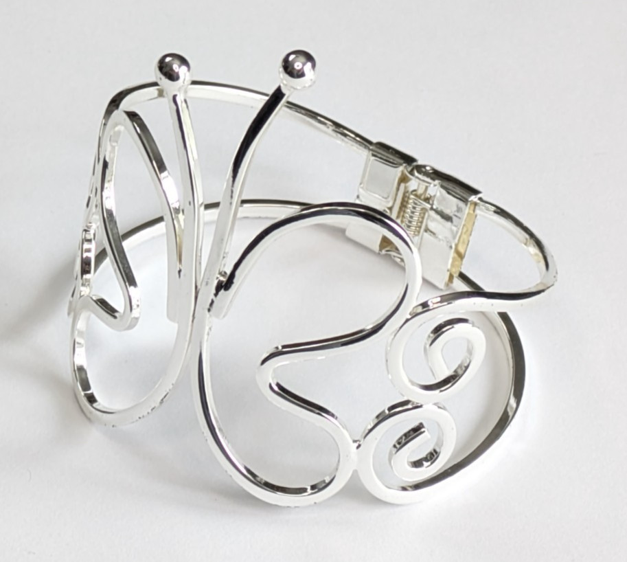 Cute Openwork Silver Tone Butterfly Hinged Clamper Statement Bracelet 2 5/8" W gallery