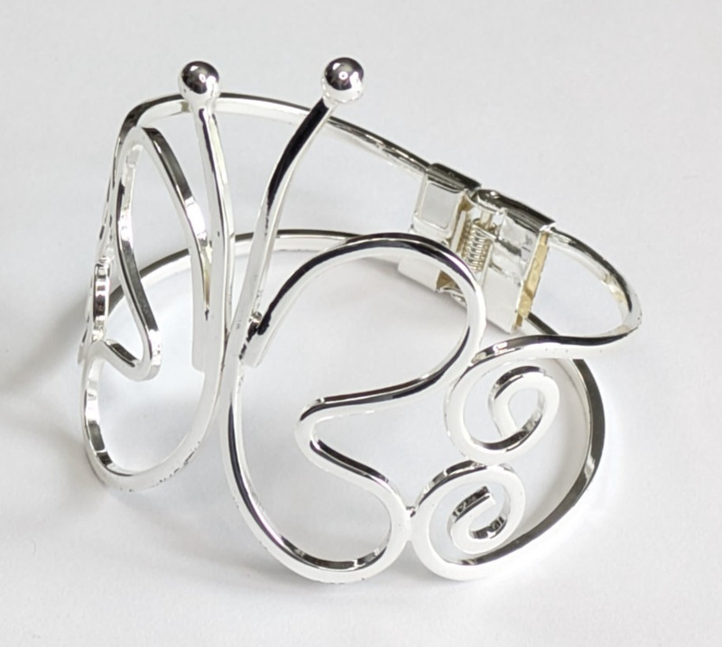 Cute Openwork Silver Tone Butterfly Hinged Clamper Statement Bracelet 2 5/8" W gallery