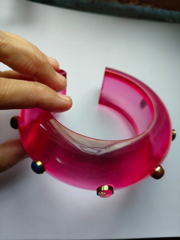 Pink Resin Cuff Bracelet With Gemstone Large Huge Bangle For Wide Wrist Jewelry gallery