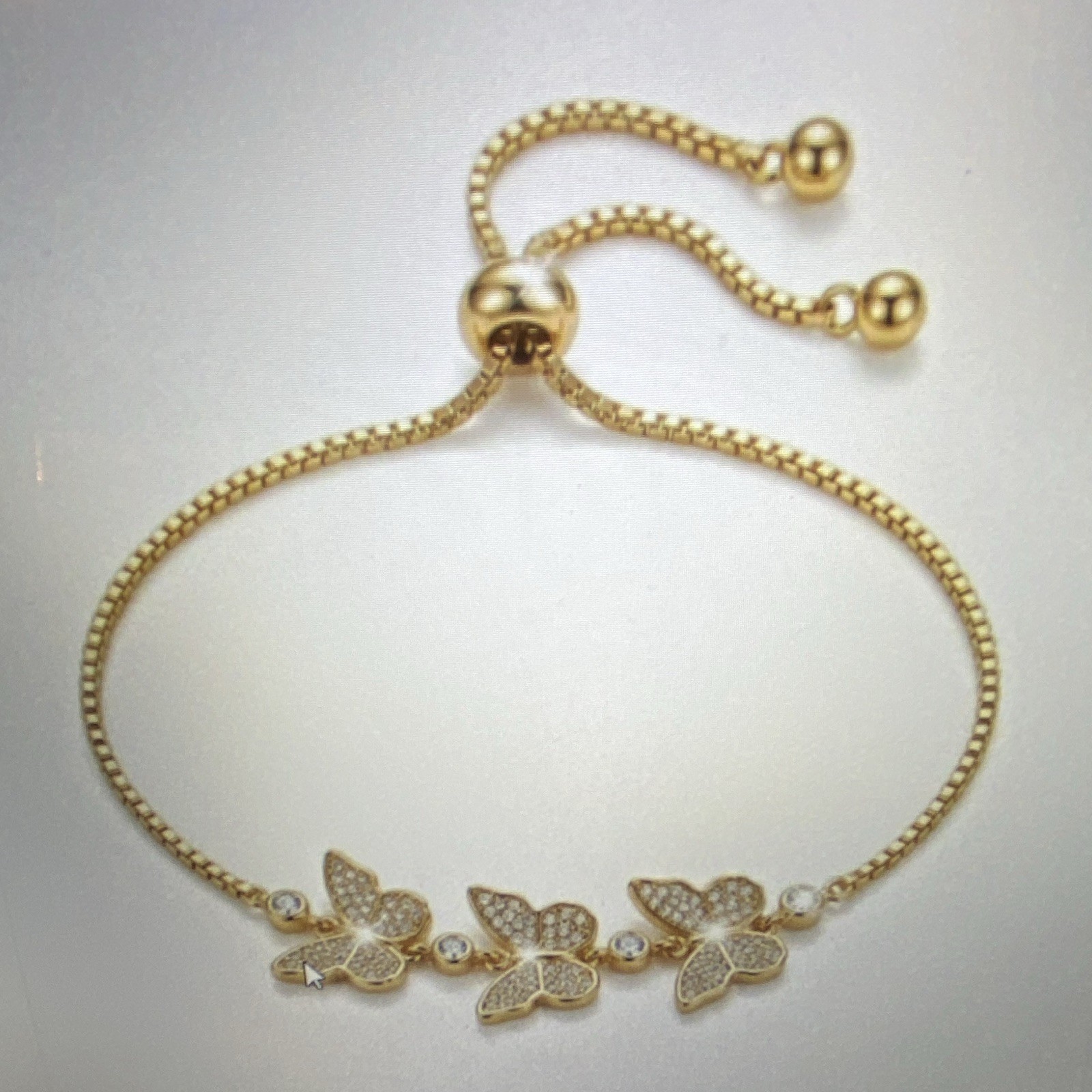 Gold Tone Adjustable Box Chain Bolo Charm Bracelet Butterfly Clear Crystal gallery