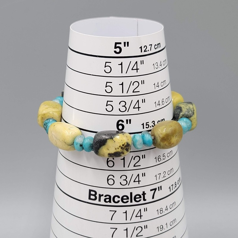 Yellow Black Agate & Blue Stone Bead Bracelet Stretch Elastic 6.25" gallery