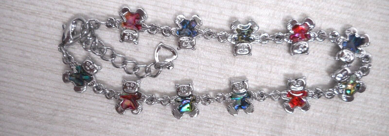 ABALONE Inlay Teddy Bear Bracelet Anklet Silver Tone Link Trendy Paula Shell 7.5 gallery