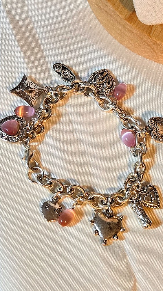 Kenneth Cole Charm Bracelet Silver Tone Pink Cats Eye 90s KC