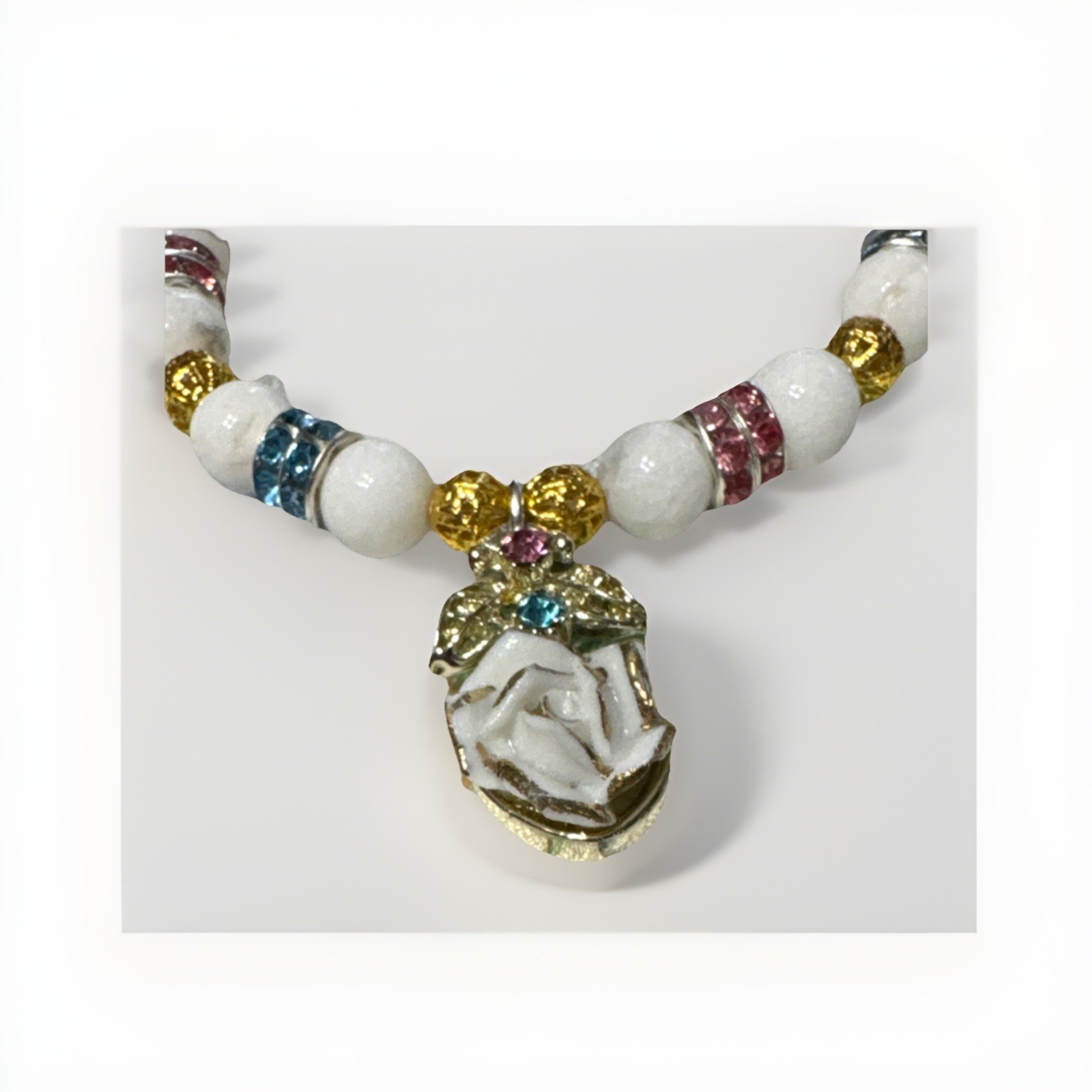 Handmade Bracelet Porcelain White Agate Beads Rhinestones And Gold Elegant gallery