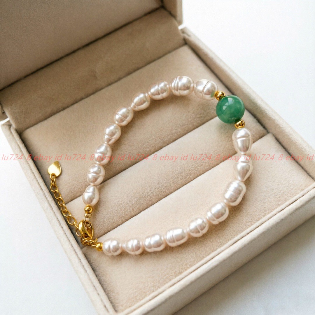 Natural 9-10mm White Freshwater Rice Pearl Green Dongling Jade Bracelet 7-9in gallery