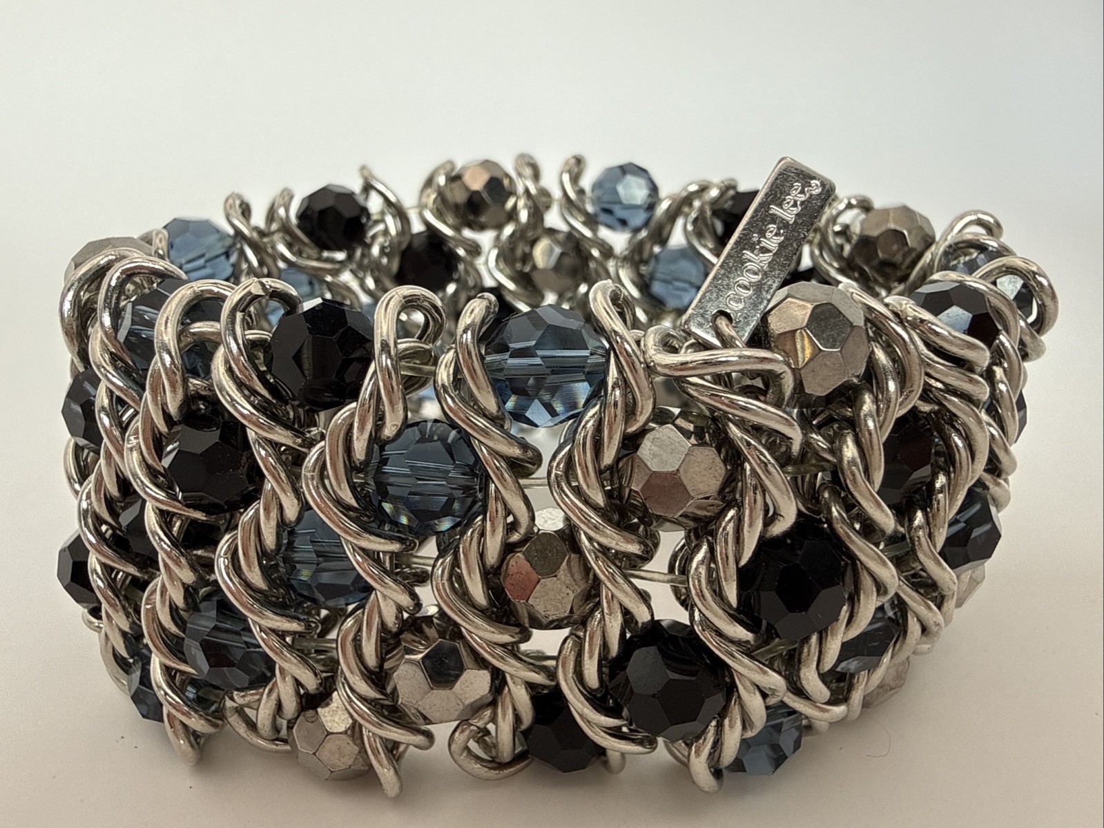 Cookie Lee Silver Tone Black And Blue Wide Crystal Bracelet Stretch Fits Most gallery
