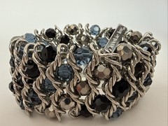Cookie Lee Silver Tone Black And Blue Wide Crystal Bracelet Stretch Fits Most
