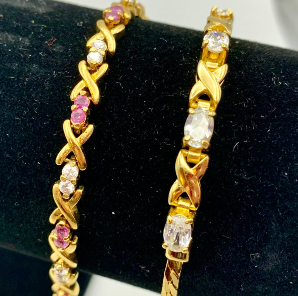 Lot of 2 Tennis Bracelets Crystal & Pink Rhinestones Hugs & Kisses Gold Tone