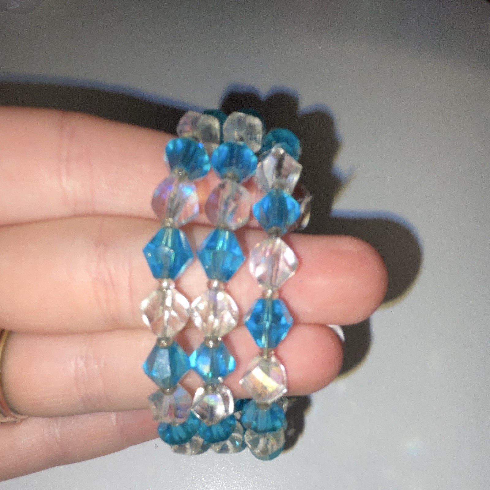 Blue & Clear Bicone Crystal Beaded Stackable Bracelet w/ Lobster Clasp Charm gallery