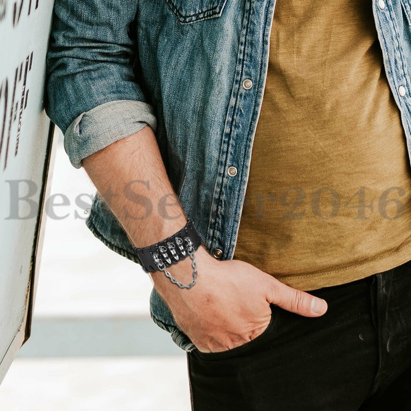 3PCS Skull Bullet Rivet Chain Lions Head Leather Cuff Bracelet Wristband Bangle gallery
