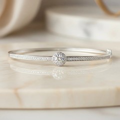Solitaire Diamond Bangle Bracelet – White Gold Vermeil over Sterling Silver