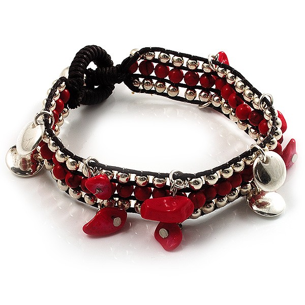 Bright Red Semiprecious Stone Charm Wristband Bracelet (Silver Tone) gallery