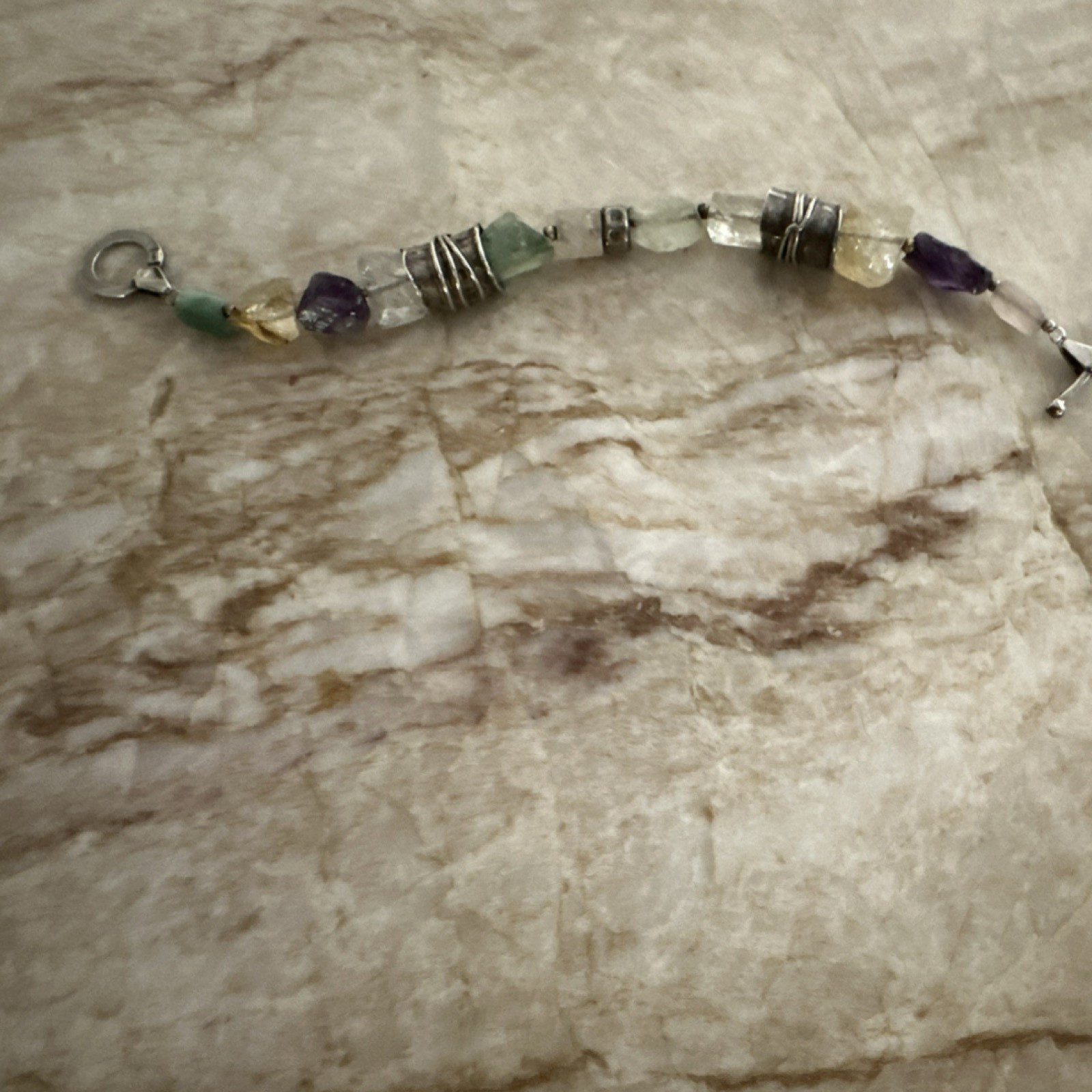 Sterling Silver Multicolor Stone Beaded Bracelet, Lobster Clasp, Green Purple gallery