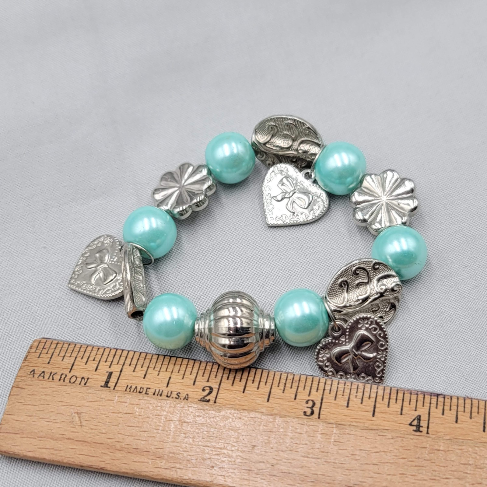 Light Blue Bracelet Silver tone Heart Charm 6.5" gallery