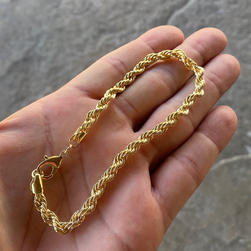 14K Gold Plated Rope Chain Hip Hop Bracelet Twisted Braided 3-8mm Thick 8"-9" In gallery