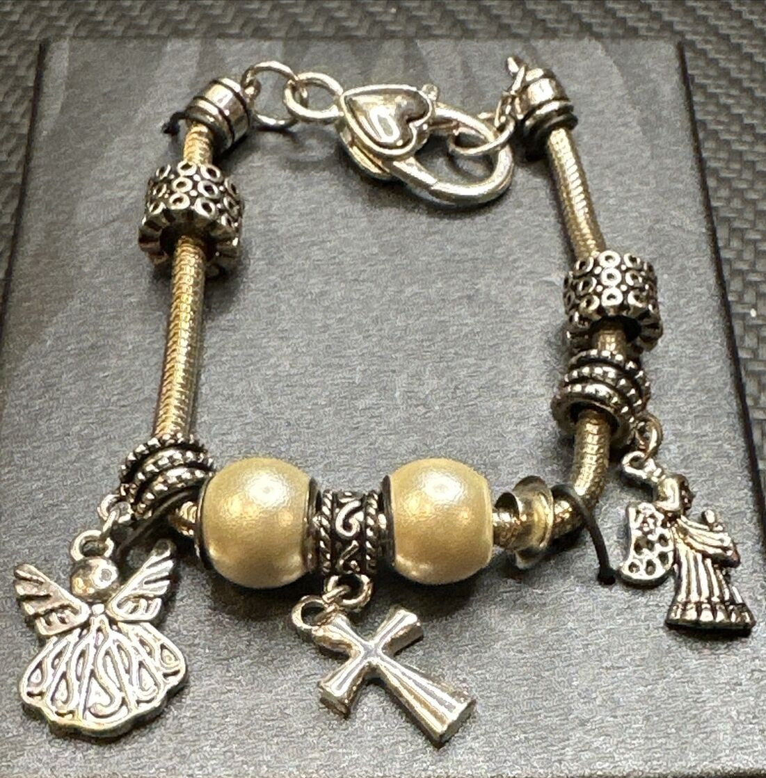 Charm Bracelet silver tone heart clasp Angel Cross religious love beaded gallery