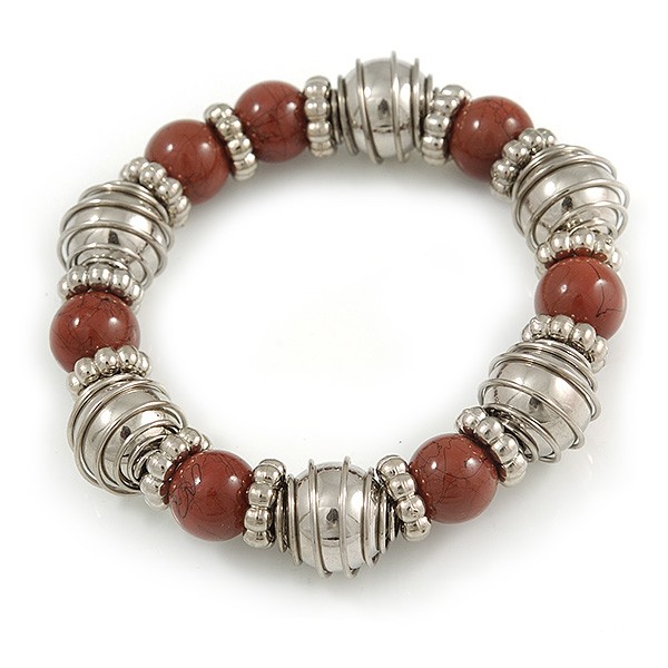 Brown Ceramic and Silver Tone Mirrored Ball Bead with Wire Flex Bracelet - 18cm gallery