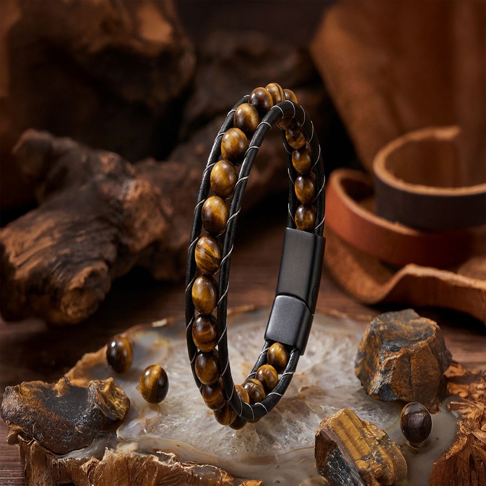 Tiger's Eye Gemstone Men's Leather Bracelet gallery