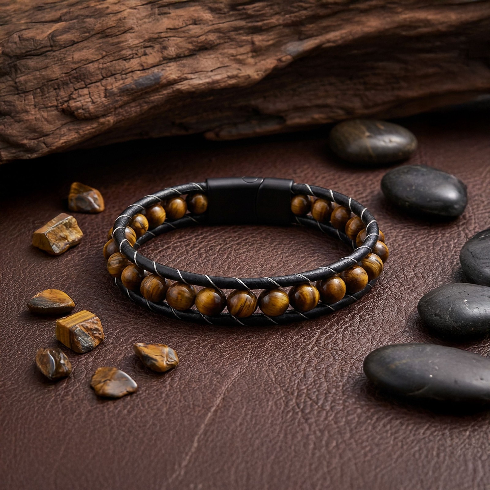 Tiger's Eye Gemstone Men's Leather Bracelet gallery