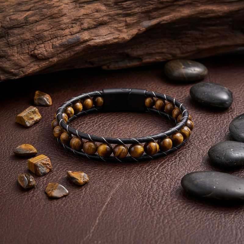 Tiger's Eye Gemstone Men's Leather Bracelet gallery