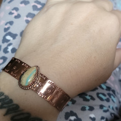 Copper Adjustable Cuff Bracelet Teardrop Bezel-Set Stone Aqua/Cream