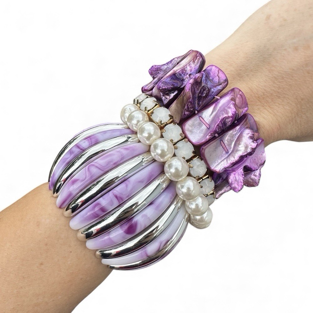Purple Mermaid Bracelet Stack Beachy Shell Pearl Lavender & Silver Rhinestone gallery