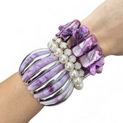 Purple Mermaid Bracelet Stack Beachy Shell Pearl Lavender & Silver Rhinestone