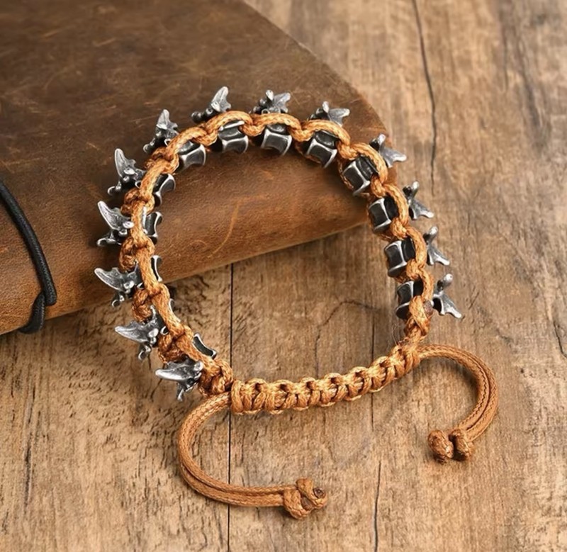 Men's adjustable brown cord and metal punk beaded bracelet, handmade. gallery