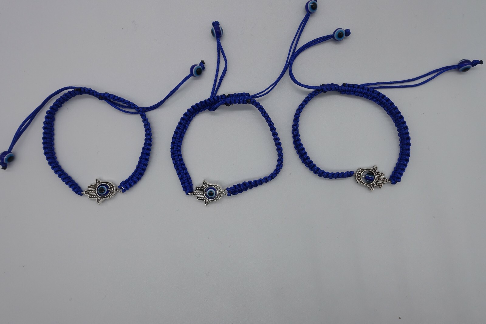 x3 Hamsa hand blue string evil eye bracelet macrame, adjustable gallery