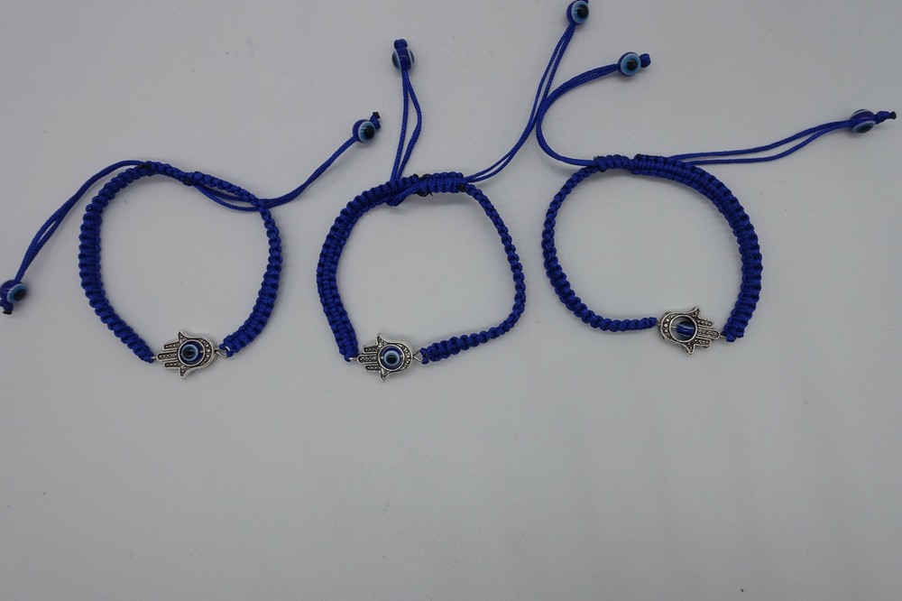 x3 Hamsa hand blue string evil eye bracelet macrame, adjustable