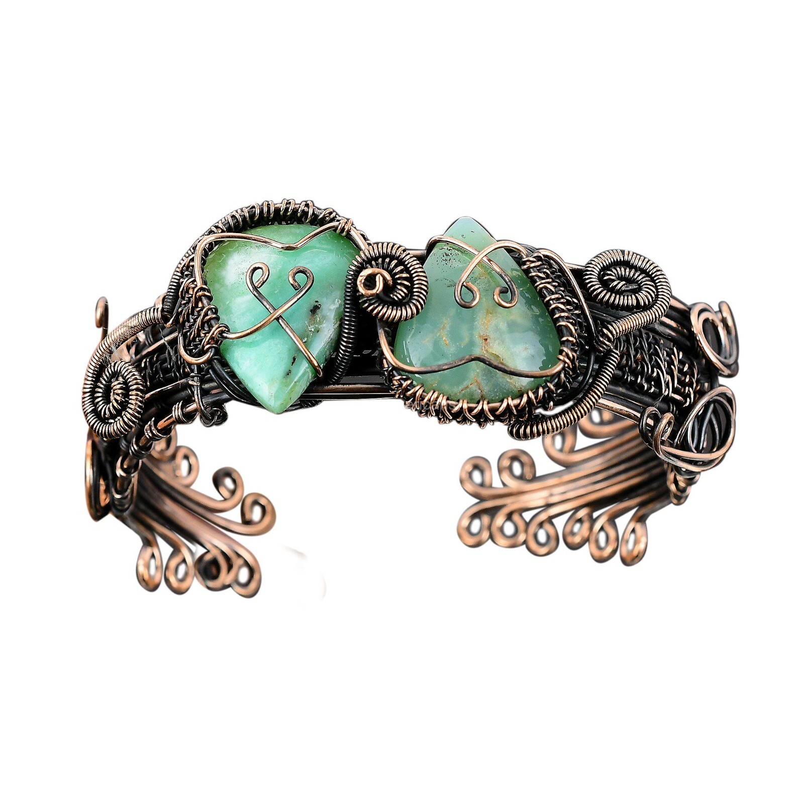 Gift For Her Chrysoprase Wire Wrapped Cuff Adjustable Bangle Copper Jewelry gallery