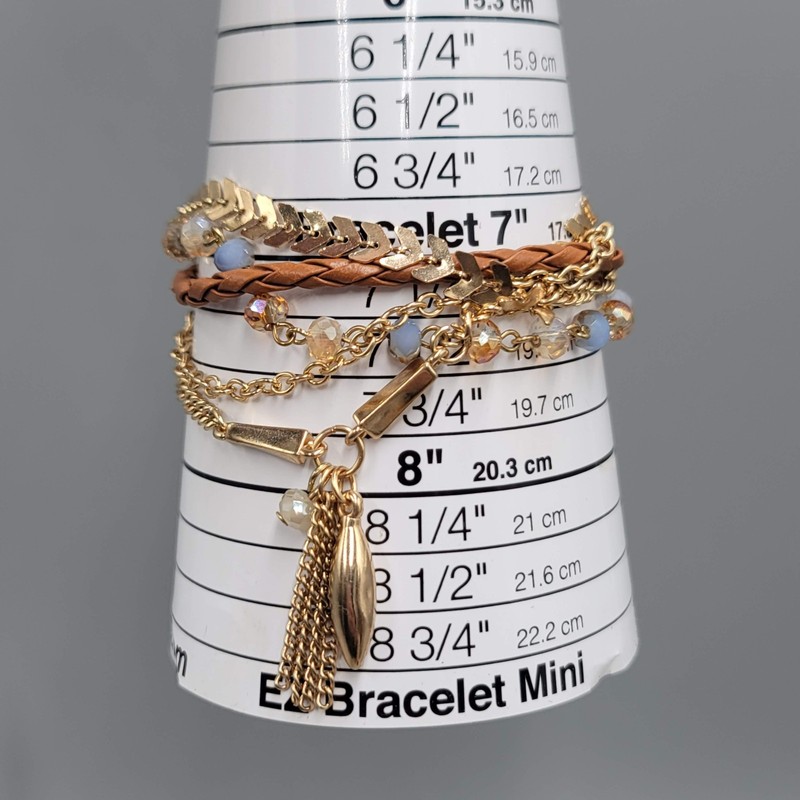 Multichain Leather Crystal Beaded Bracelet Gold tone 7" - 9" gallery