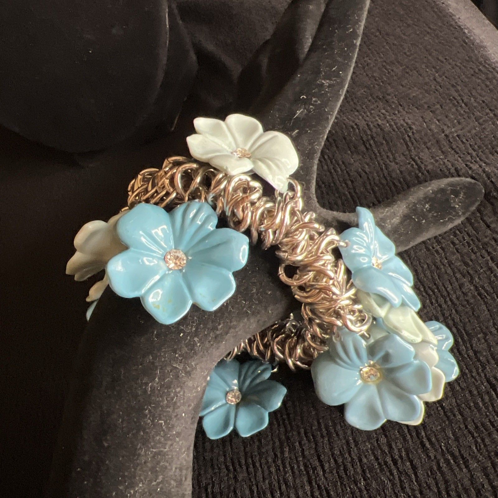 Blue & Light Blue Flower Chain Stretch Bracelet Rhinestone Accents Chainmaille gallery