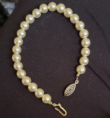 Cream Faux Pearl Beaded Bracelet w/ Football Dangle Charm, Gold Tone Hook
