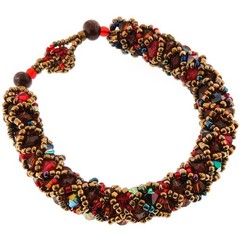 Wide Sparkling Brass-tone Red Peacock Glass Seed Beads Bicone Bracelet, 1/2″