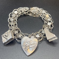 Monet Silver Hearts Link Safety Chain Charm Bracelet Piano Anniversary Birthday