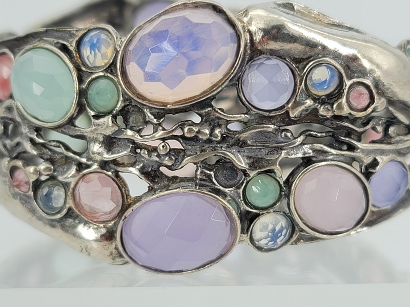 Stunning 925 Sterling Silver Multi Stone Large Ornate Bangle Bracelet w/ Clasp gallery