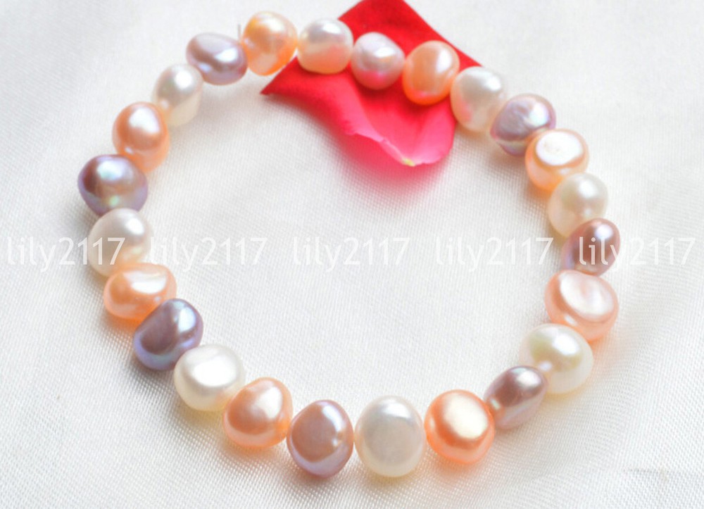 Genuine 8-9mm White Pink Purple Natural Freshwater Baroque Pearl Bracelets 7.5''