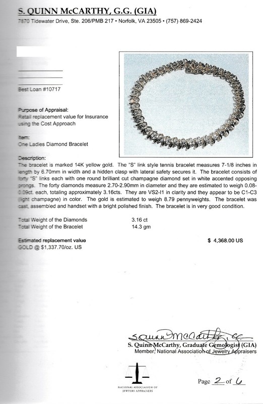 ESTATE 14K CHAMPAGNE DIAMOND "S" LINK TENNIS BRACELET 3.16CT.APPRAISED $4,368.00 gallery