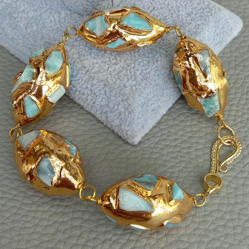 Natural Blue Larimar Gold Plated Olive shape Bracelet gallery