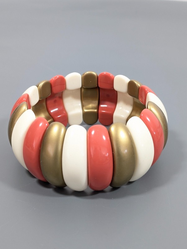 Boho Western Cream Bronze Tone Acrylic Curved Dome Wide Stretch Bracelet 8.5" gallery