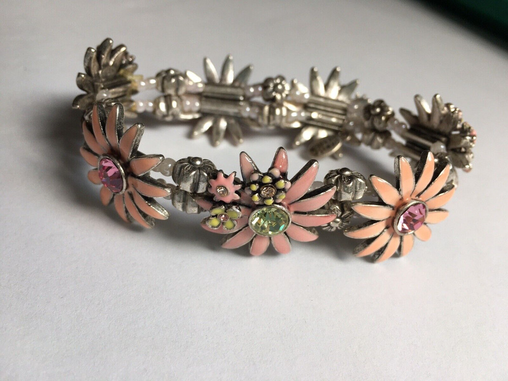 BRACELET Pink ENAMEL DAISY FLOWER CRYSTALS Pilgrim Silver Plated Denmark Stretch