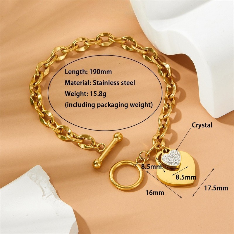 Women's Heart Inlay Zircon Pendant Bracelet OT Buckle Stainless Steel Bracele gallery